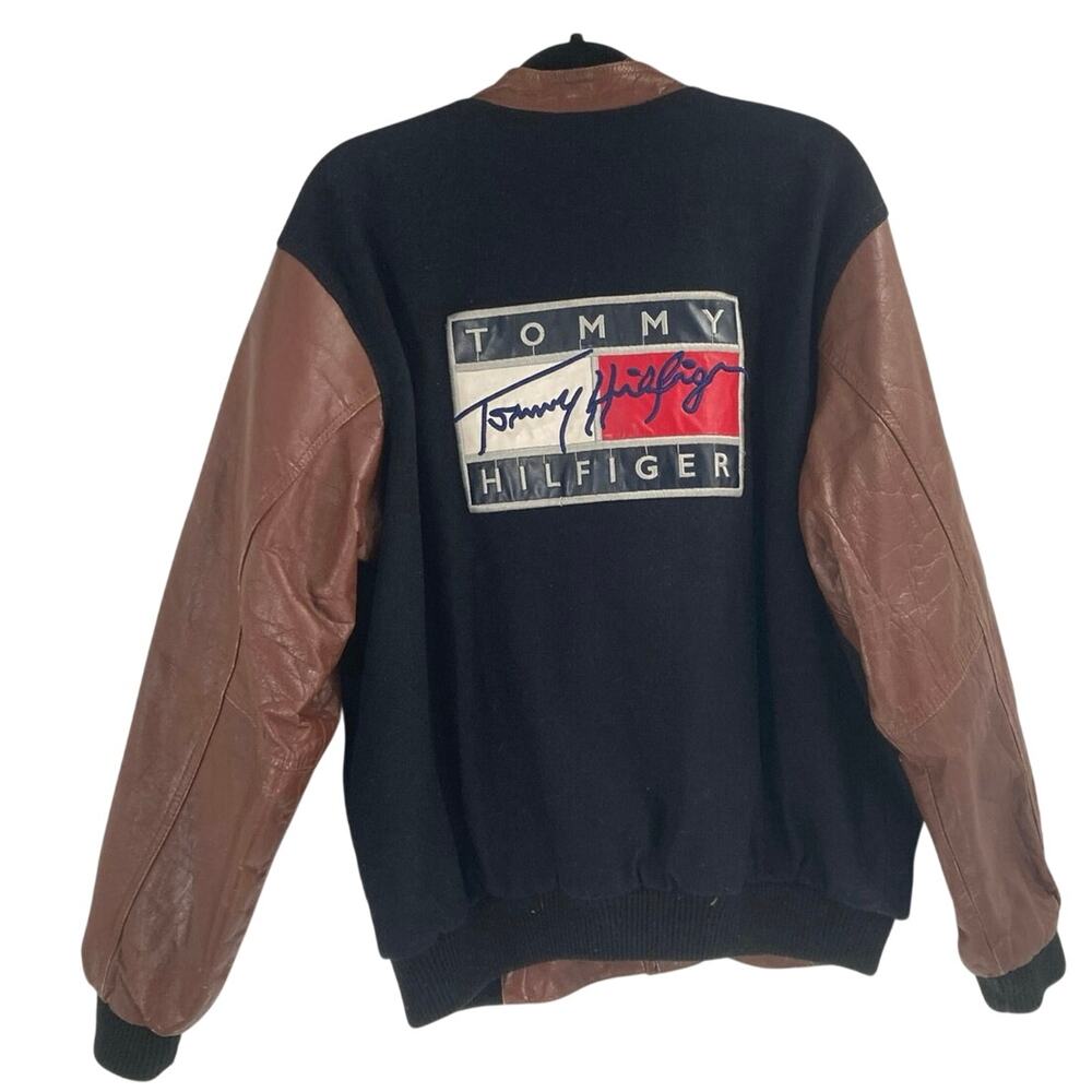 VTG 90 Tommy Hilfiger Black Brown Leather Bomber Large Logo Patch Coat XL